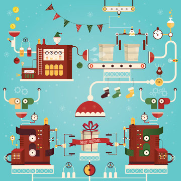 Modern vector illustration of christmas gifts factory.