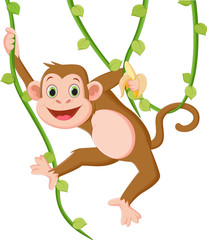 Obraz premium Cartoon happy monkey hanging and holding a banana