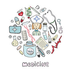 Hand draw sketches medicine icons set. Medical and healthcare collection
