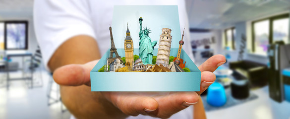 Young man holding travel box in his hand