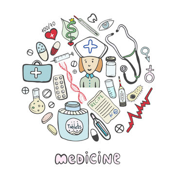 Hand draw sketches medicine icons set. Medical and healthcare collection