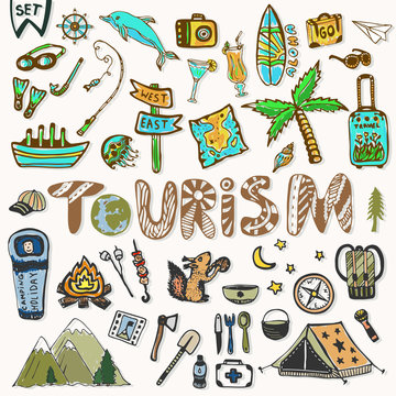 Hand draw Travel icons set. Summer holiday - camping and sea vacation. Journey doodle sketch elements in vector