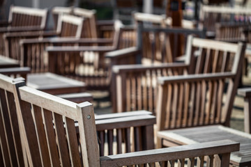 Color picture of wooden chairs and table on terrace restaurant