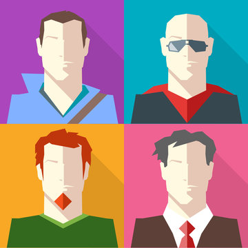 Men in Formal and Casual Clothes Vector icon set. Brunette man in Hoodie. Bald Man in Sunglasses. Redhead man with Beard. Man in Suit and Red Tie. Digital background vector illustration.