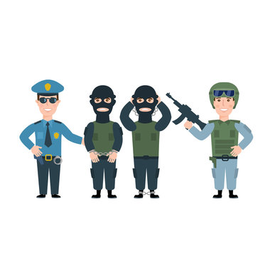 police man officer cop two gangsters terrorists soldier in uniform with weapon isolated on white background
