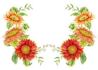 Wreath with watercolor gerbera flower. Hand drawn illustration