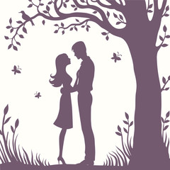 Plakat Illustration black silhouette of lovers embracing on a white background