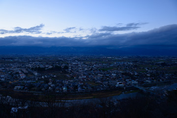 Landscape of Matsumoto and Azumino at dusk in Nagano, Japan