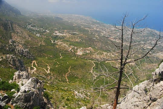View of the north western coast of Northern Cyprus to Lapta and beyond from the top of the St Hilarion Castle.