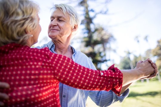 Happy senior couple dancing in park