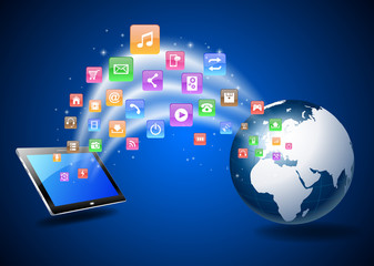 Futuristic Mobile Phone Vector Illustration with Holographic World Map and Social Media Icons