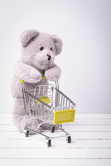 Small shopping cart and a teddy bear. Conceptual image for sale of toys or children's fantasies