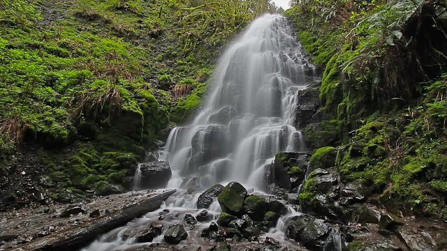 High definition movie of long exposure smooth veiling horsetail water flowing of Fairy Falls with green moss and ferns along Columbia Gorge in Portland Oregon 1920x1080