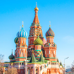 St. Basil Cathedral (Intersession cathedral) on Red Square in Moscow, roofs and cupolas - obrazy, fototapety, plakaty