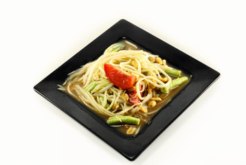 Thai food the papaya salad or somtum in dish on white background