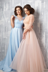 Fototapeta na wymiar Two beautiful twins young women in luxury dresses, pastel colors. Beauty fashion portrait