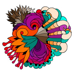 Bright abstract vector design element with hand-drawn waves and flowers. Ethnic summer template. Isolated on white background.