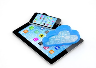 tablet pc, smart phone and cloud. 3D rendering.