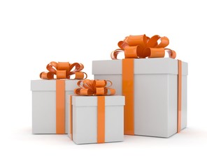 three gift boxes with bows isolated on white. 3D rendering.