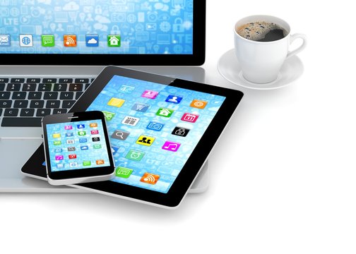 Laptop, phone, tablet pc and coffee. 3D rendering.