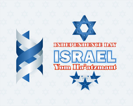 Yom Ha'atzmaut translated from Hebrew language as Independence day; Holiday design with Star of David, colors of Israel national flag on stars pattern background for Israel Independence Day