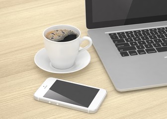 Fototapeta na wymiar Laptop smartphone and coffee cup. 3D rendering.