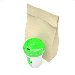 Coffee to go and lunch bag, on white. 3D rendering.