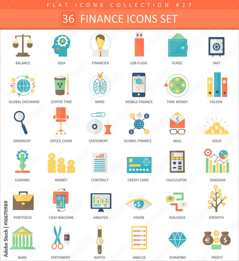 Poster vector finance color flat icon set. elegant style design.