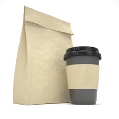 Coffee to go and lunch bag, on white. 3D rendering.