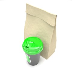 Coffee to go and lunch bag, on white. 3D rendering.