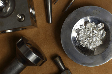 Tools of jewellery. Jewelry workplace on leather background. Top view