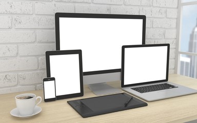 Responsive mockup screen. Monitor, laptop, tablet, phone on table in office. 3D rendering.