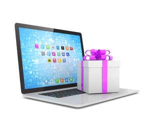 Gift box with ribbon on laptop keyboard. 3D rendering.