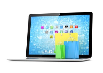 laptop and  shopping pags on white background. 3D rendering.