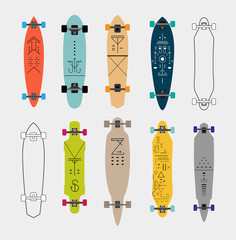 Collection of various shaped skateboards and longboards. Vector.