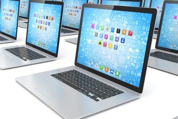 many  laptop on white background. 3D rendering.