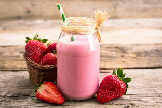 Strawberry milkshake in the glass jar