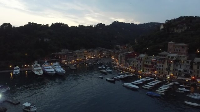 Aerial view of Potofino city Coast of Italy at night in summer 
