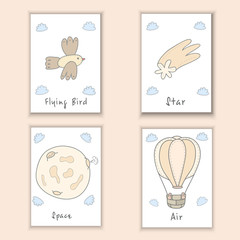 Cute hand drawn doodle postcards with bird, comet, moon, balloon. Cartoon objects background. Printable templates set.