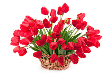 Bouquet of tulips in a basket.