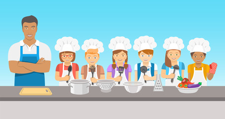 Kids cooking class flat illustration. Group of happy fun children, boys and girls in chef hats and aprons with kitchen equipment, cook food with an adult.  Culinary education party with man teacher