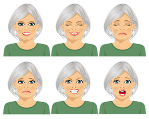 set of different expressions of the same senior woman 
