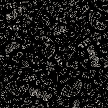 Vector seamless pattern with hand drawn Italian pasta on black color