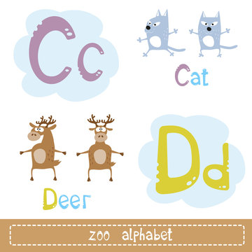 Colored letters of the alphabet next to images of abstract characters funny animals isolated on white background