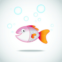 Cute cartoon smiling fish with bubbless around.