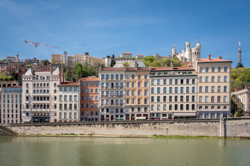 Fototapeta na wymiar Classical view of Lyon, France. Basilica of Notre Dame de Fourviere in the historical center
