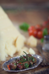Black olives with Parmesan cheese and cherry tomatoes