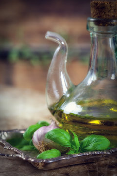 Olive oil Bottle with basil and garlic