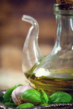 Olive oil Bottle with basil and garlic