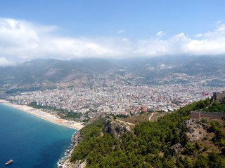 Sea, beach and the city of Alanya, view from the Alanya castle, Turkey